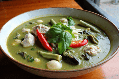 Thai green curry with chicken, bamboo shoots, and Thai eggplant in a creamy coconut sauce, garnished with red chili slices and fresh basil leaves. Photo by Sam @readyprepmeals.