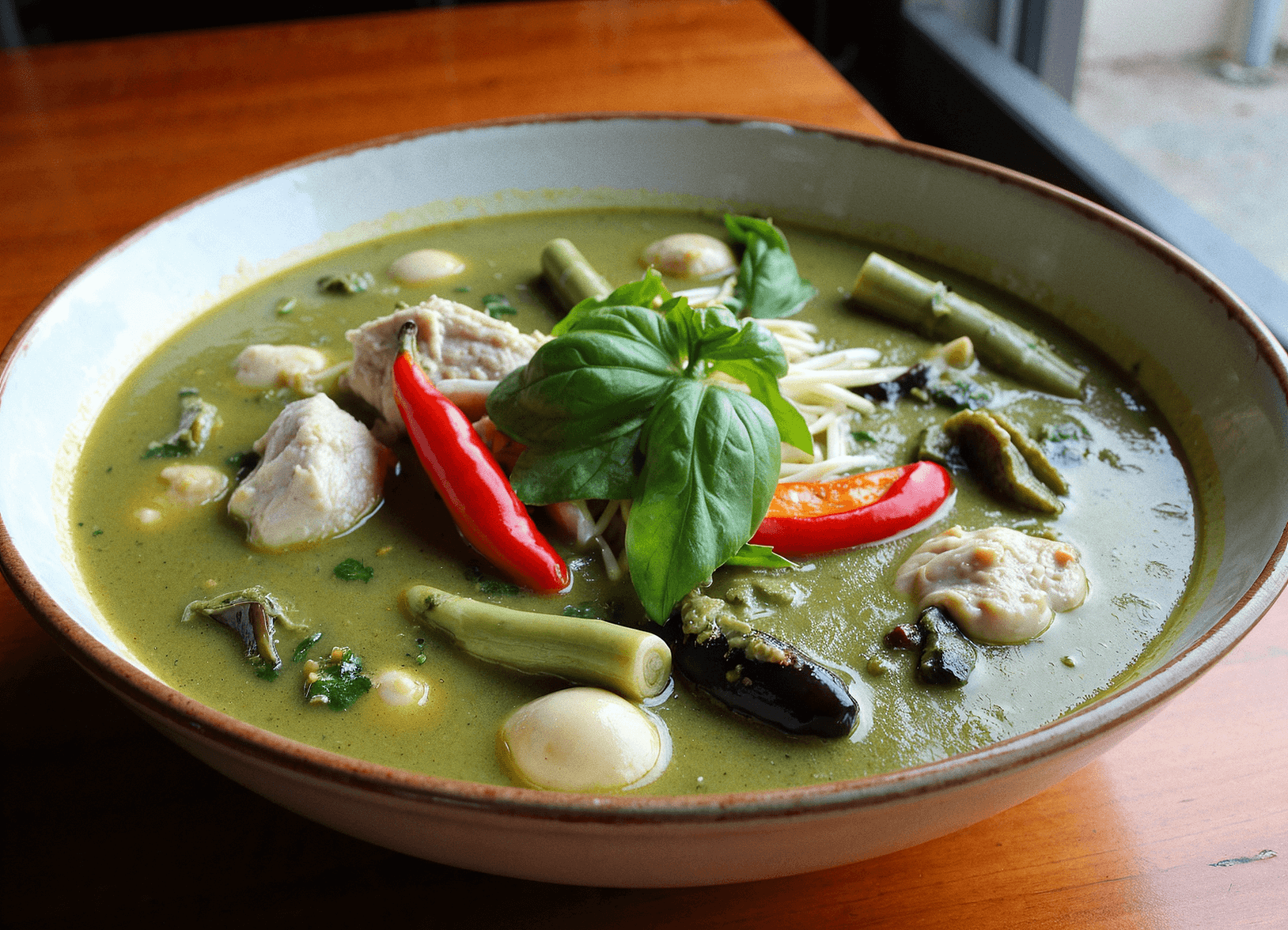 Thai green curry with chicken, bamboo shoots, and Thai eggplant in a creamy coconut sauce, garnished with red chili slices and fresh basil leaves. Photo by Sam @readyprepmeals.