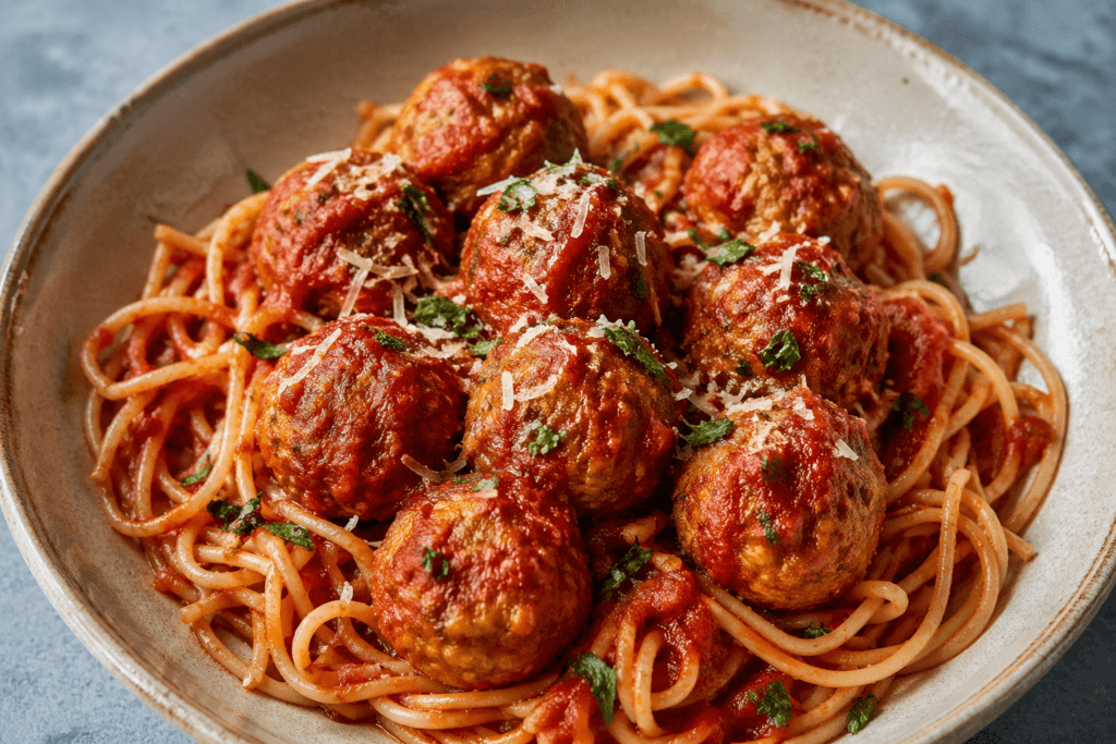 Tofu meatballs in rich tomato sauce served over spaghetti, a high-protein vegan meatballs recipe that holds together perfectly