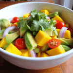 Tropical mango avocado salad with cherry tomatoes, red onions, and fresh herbs in a white ceramic bowl by Sam @readyprepmeals