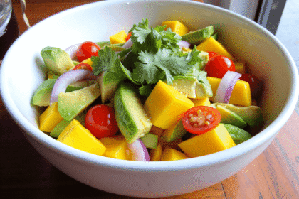 Tropical mango avocado salad with cherry tomatoes, red onions, and fresh herbs in a white ceramic bowl by Sam @readyprepmeals