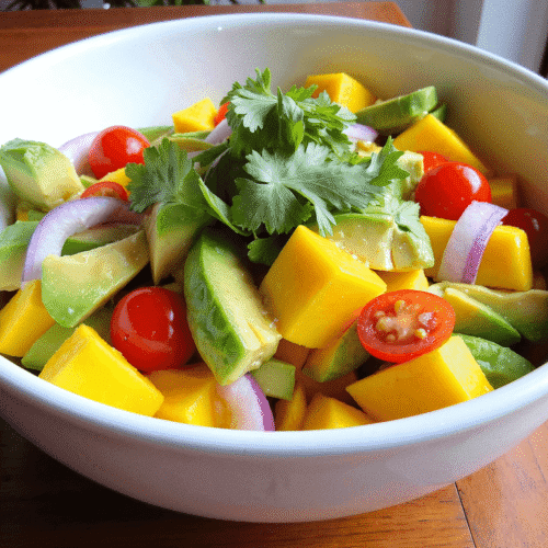 Tropical mango avocado salad with cherry tomatoes, red onions, and fresh herbs in a white ceramic bowl by Sam @readyprepmeals