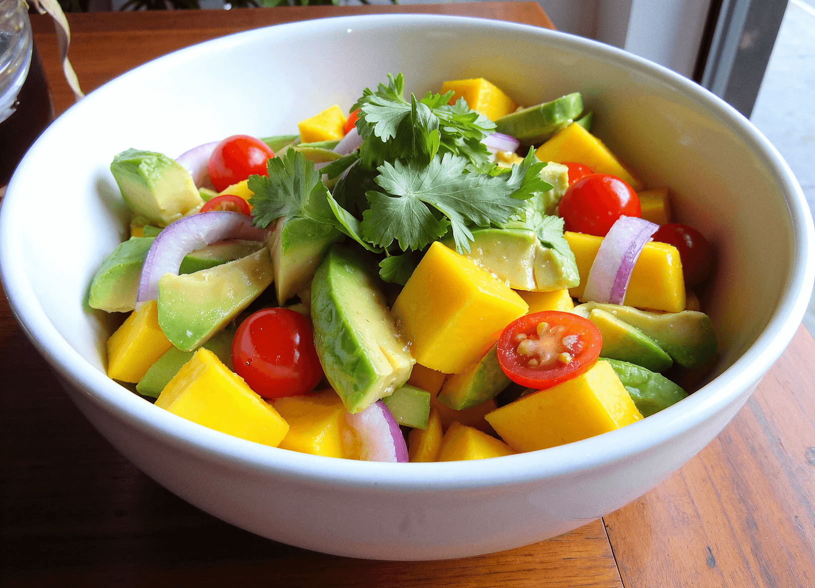 Tropical mango avocado salad with cherry tomatoes, red onions, and fresh herbs in a white ceramic bowl by Sam @readyprepmeals