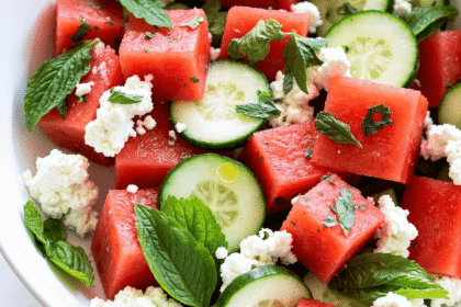 Watermelon feta salad with mint and cucumber served in a white ceramic bowl on a rustic wood table, garnished with fresh herbs and lime wedges