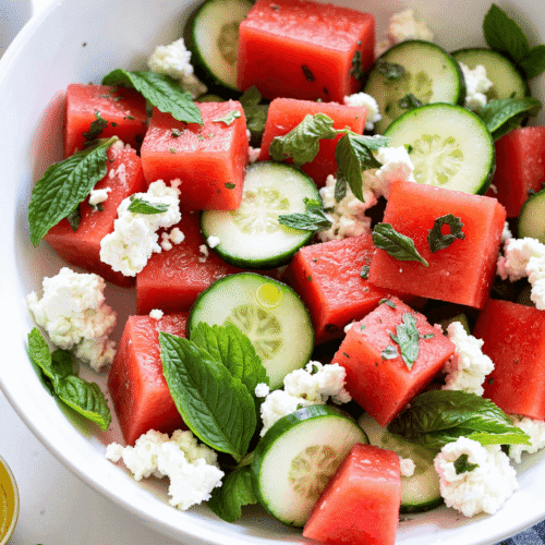 Watermelon feta salad with mint and cucumber served in a white ceramic bowl on a rustic wood table, garnished with fresh herbs and lime wedges