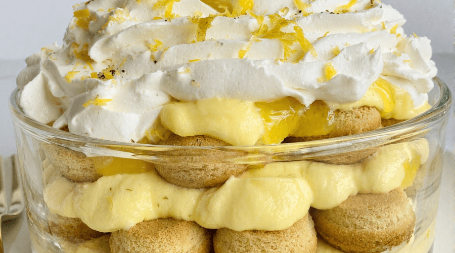 Front view of lemon tiramisu layered with mascarpone cream, ladyfingers, whipped topping, and fresh lemon slices