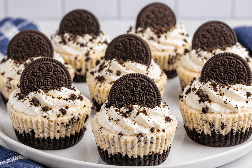 Mini Oreo cheesecakes topped with whipped cream, crushed cookies, and whole Oreo on a plate