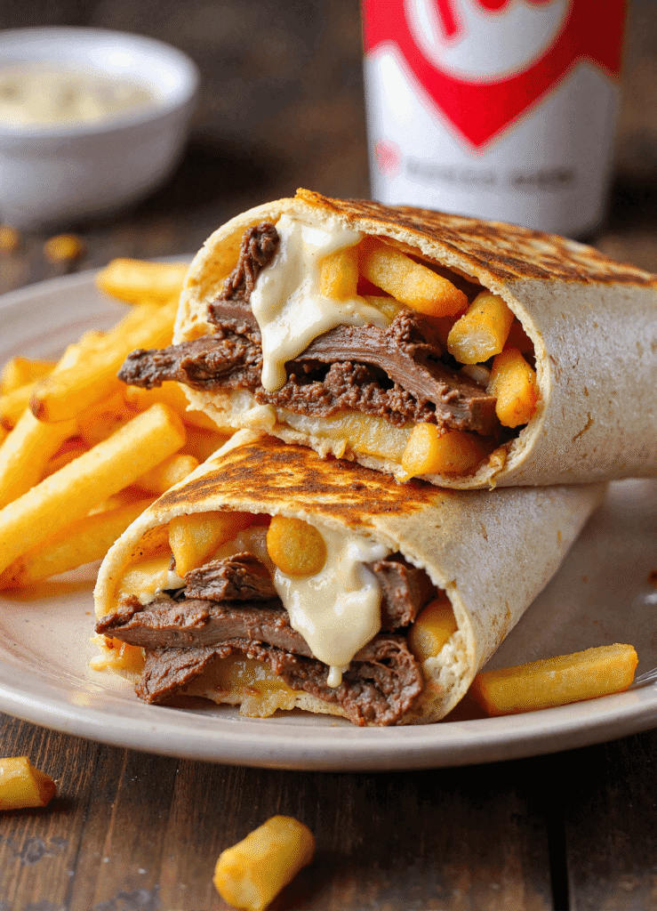 Grilled Steak & Cheese Dirty Fry Burrito cut in half, stuffed with fries, sliced steak, and melted white cheese
