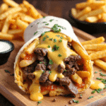 Grilled Steak & Cheese Dirty Fry Burrito cut in half, stuffed with fries, sliced steak, and melted white cheese