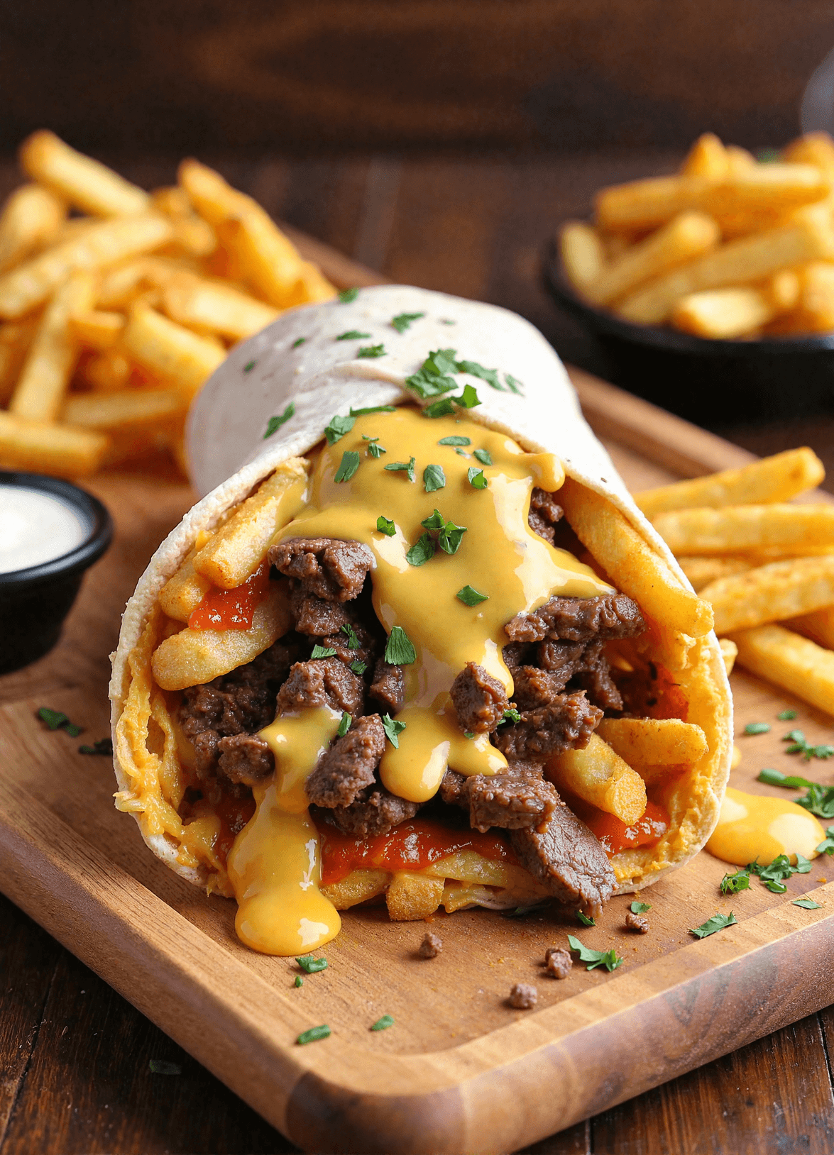 Grilled Steak & Cheese Dirty Fry Burrito cut in half, stuffed with fries, sliced steak, and melted white cheese