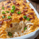 High-resolution photo of the Neiman Marcus chicken casserole featuring creamy shredded chicken, crispy bacon, cheddar cheese, green onions, and a golden Ritz cracker topping in a white baking dish.