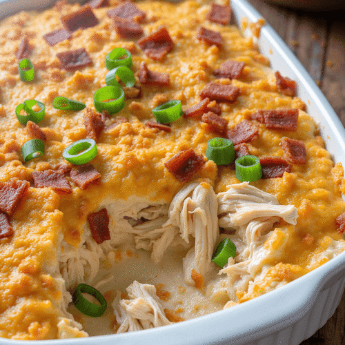 High-resolution photo of the Neiman Marcus chicken casserole featuring creamy shredded chicken, crispy bacon, cheddar cheese, green onions, and a golden Ritz cracker topping in a white baking dish.
