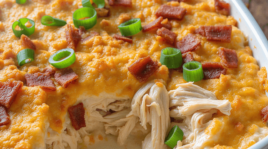 High-resolution photo of the Neiman Marcus chicken casserole featuring creamy shredded chicken, crispy bacon, cheddar cheese, green onions, and a golden Ritz cracker topping in a white baking dish.