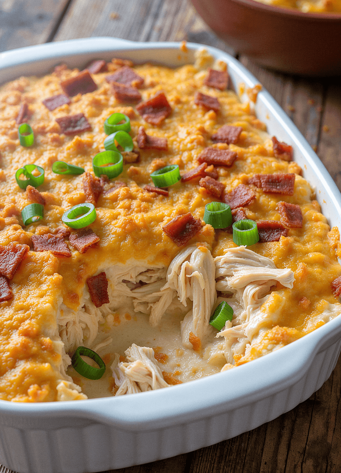 High-resolution photo of the Neiman Marcus chicken casserole featuring creamy shredded chicken, crispy bacon, cheddar cheese, green onions, and a golden Ritz cracker topping in a white baking dish.