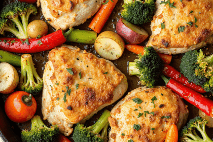 One-pan garlic chicken and vegetables with roasted potatoes, broccoli, and carrots in a rustic skillet.
