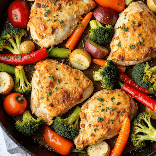 One-pan garlic chicken and vegetables with roasted potatoes, broccoli, and carrots in a rustic skillet.