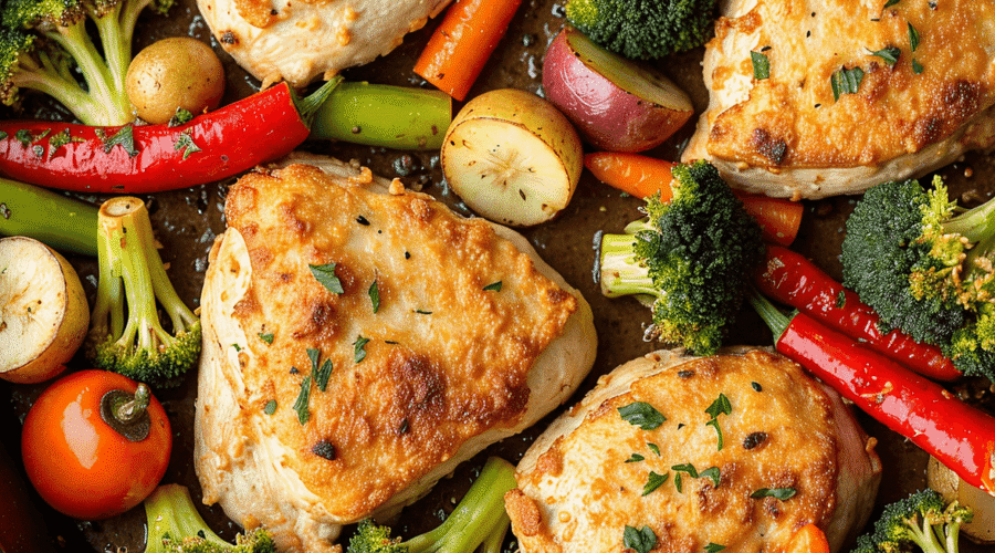 One-pan garlic chicken and vegetables with roasted potatoes, broccoli, and carrots in a rustic skillet.