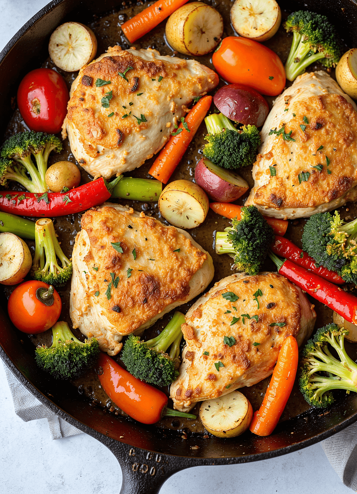 One-pan garlic chicken and vegetables with roasted potatoes, broccoli, and carrots in a rustic skillet.