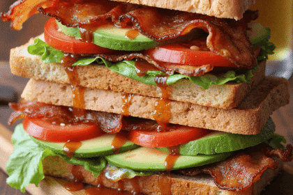 Stacked spicy BLT avocado sandwich dripping with chipotle mayo, layered with crispy bacon, avocado slices, lettuce, and tomato on toasted sandwich bread.