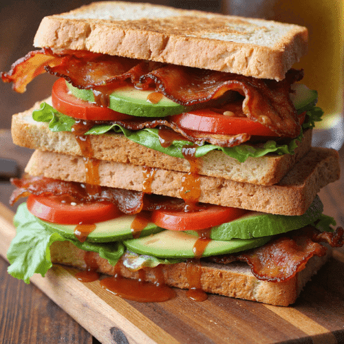 Stacked spicy BLT avocado sandwich dripping with chipotle mayo, layered with crispy bacon, avocado slices, lettuce, and tomato on toasted sandwich bread.
