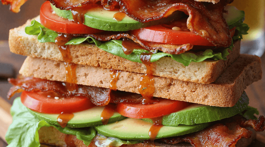 Stacked spicy BLT avocado sandwich dripping with chipotle mayo, layered with crispy bacon, avocado slices, lettuce, and tomato on toasted sandwich bread.