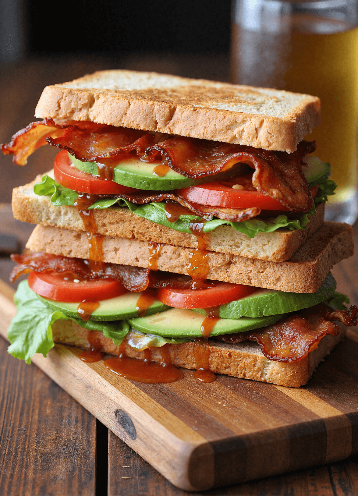 Stacked spicy BLT avocado sandwich dripping with chipotle mayo, layered with crispy bacon, avocado slices, lettuce, and tomato on toasted sandwich bread.