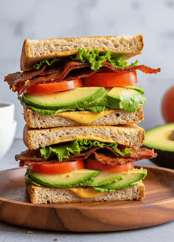Close-up of spicy BLT avocado sandwich with thick-cut bacon, sliced tomato, lettuce, and creamy avocado on toasted bread.
