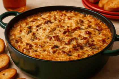 Frontal view of a bubbling Marry Me Dip with golden-brown top, creamy cheese, sun-dried tomatoes, and bacon, surrounded by crostini and served in a green skillet.