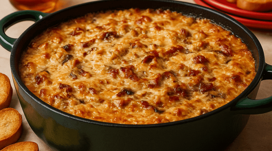 Frontal view of a bubbling Marry Me Dip with golden-brown top, creamy cheese, sun-dried tomatoes, and bacon, surrounded by crostini and served in a green skillet.