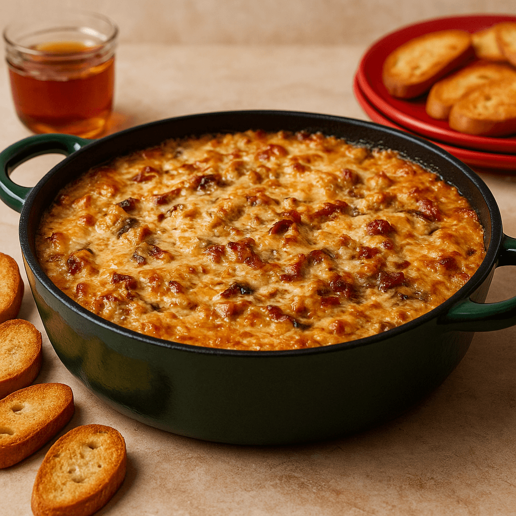 Frontal view of a bubbling Marry Me Dip with golden-brown top, creamy cheese, sun-dried tomatoes, and bacon, surrounded by crostini and served in a green skillet.