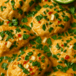 Close-up of juicy chicken simmering in a creamy coconut lime sauce, topped with chopped cilantro, garlic, and red chilies.