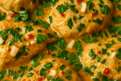 Close-up of juicy chicken simmering in a creamy coconut lime sauce, topped with chopped cilantro, garlic, and red chilies.