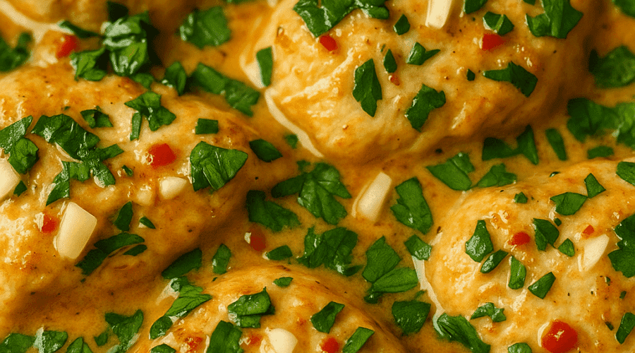 Close-up of juicy chicken simmering in a creamy coconut lime sauce, topped with chopped cilantro, garlic, and red chilies.
