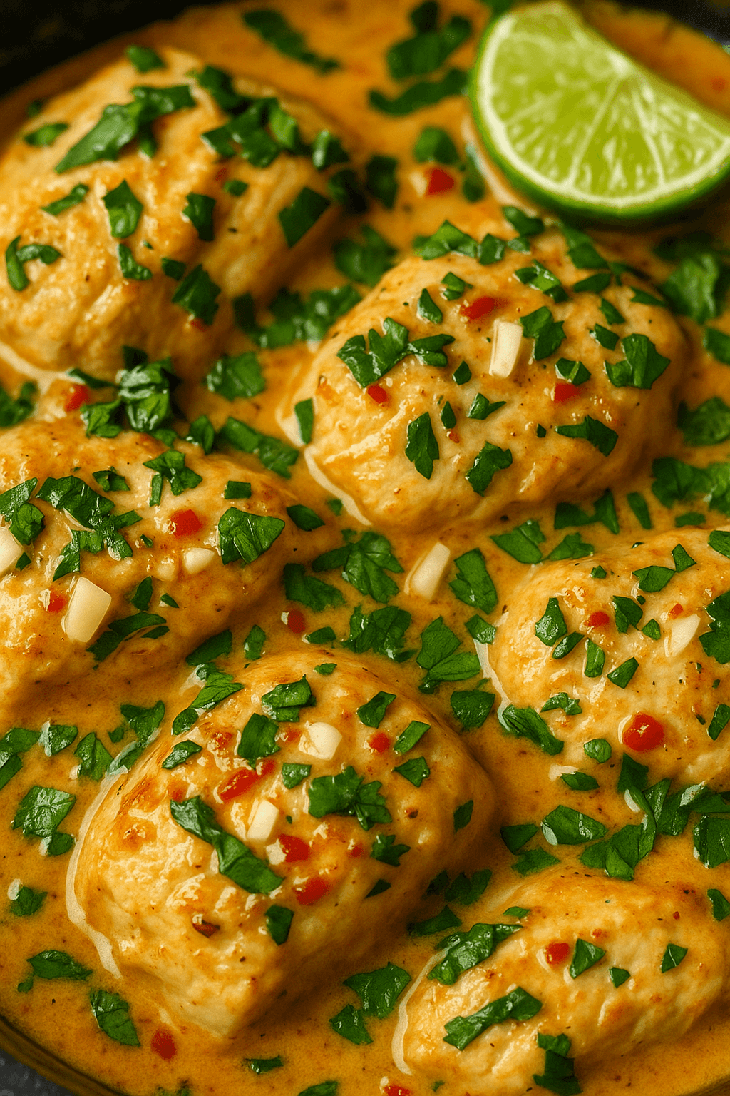 Close-up of juicy chicken simmering in a creamy coconut lime sauce, topped with chopped cilantro, garlic, and red chilies.