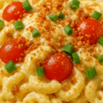 Close-up view of creamy deviled egg pasta salad with cherry tomatoes, green onions, and bacon crumbs on elbow macaroni