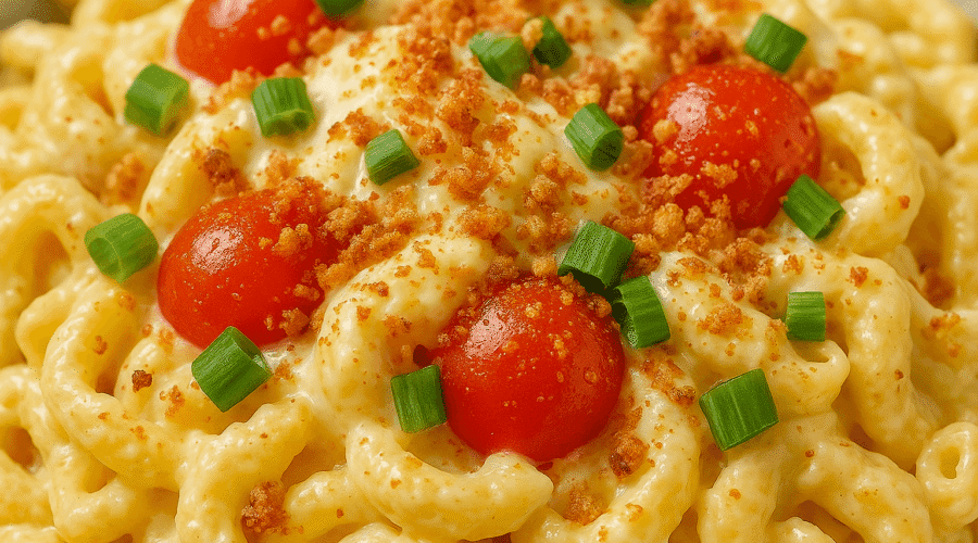 Close-up view of creamy deviled egg pasta salad with cherry tomatoes, green onions, and bacon crumbs on elbow macaroni