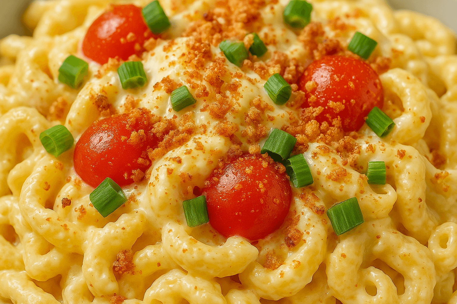 Close-up view of creamy deviled egg pasta salad with cherry tomatoes, green onions, and bacon crumbs on elbow macaroni