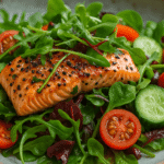 Close-up of a glazed grilled salmon fillet on a bed of fresh greens with cherry tomatoes, cucumber slices, and microgreens.