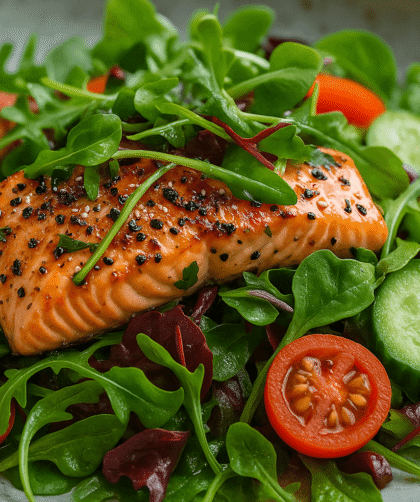 Close-up of a glazed grilled salmon fillet on a bed of fresh greens with cherry tomatoes, cucumber slices, and microgreens.