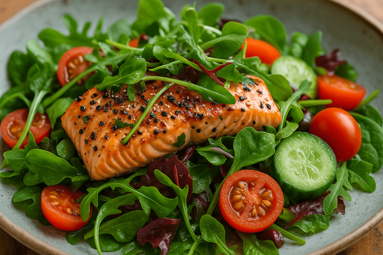 Close-up of a glazed grilled salmon fillet on a bed of fresh greens with cherry tomatoes, cucumber slices, and microgreens.
