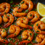 Disarranged spicy lemon garlic shrimp in a skillet, coated in chili garlic sauce with fresh parsley, sesame seeds, and lemon wedges scattered around.