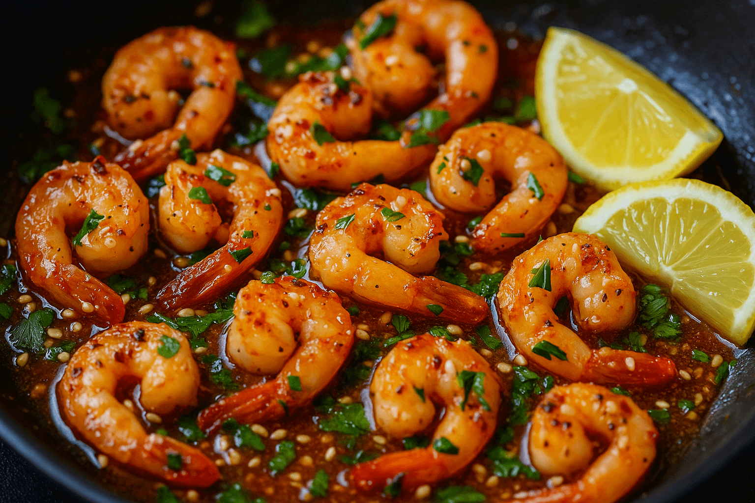 Disarranged spicy lemon garlic shrimp in a skillet, coated in chili garlic sauce with fresh parsley, sesame seeds, and lemon wedges scattered around.