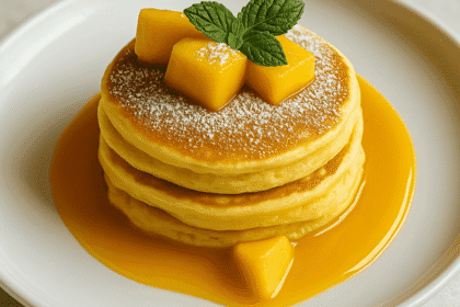 A photograph features a stack of four fluffy mango pancakes topped with diced mangoes and mint, dusted with powdered sugar and surrounded by mango sauce on a white plate.