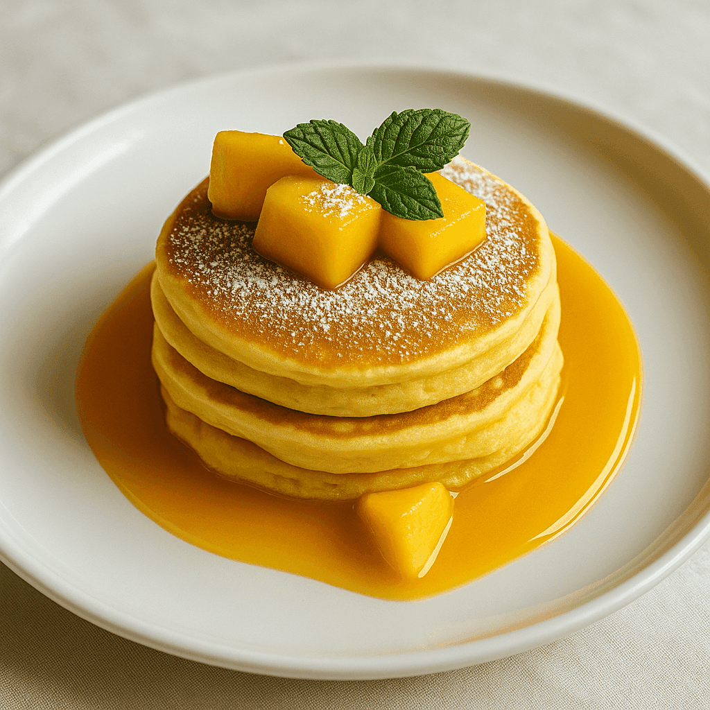 A photograph features a stack of four fluffy mango pancakes topped with diced mangoes and mint, dusted with powdered sugar and surrounded by mango sauce on a white plate.