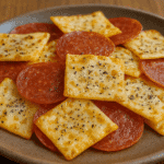 A photograph features a close-up, slightly elevated view of homemade pizza chips made from crisped mozzarella squares and round pepperoni slices, served on a rustic plate.