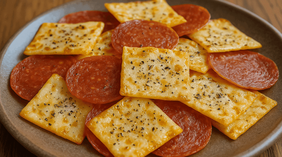 A photograph features a close-up, slightly elevated view of homemade pizza chips made from crisped mozzarella squares and round pepperoni slices, served on a rustic plate.