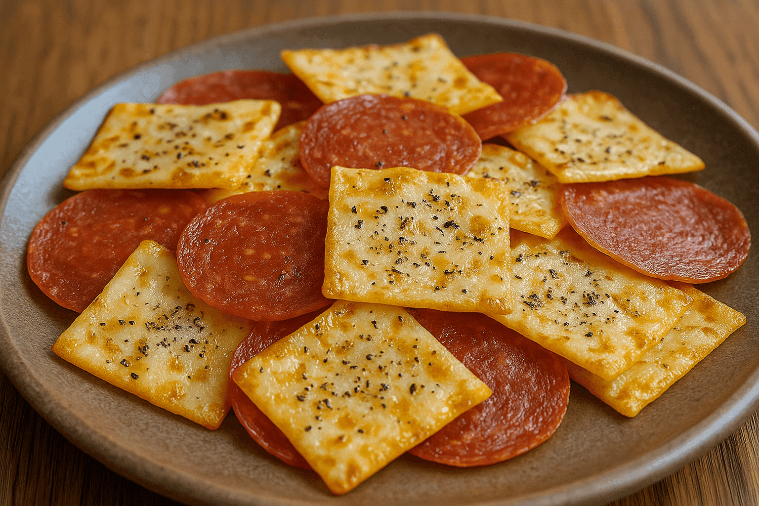 A photograph features a close-up, slightly elevated view of homemade pizza chips made from crisped mozzarella squares and round pepperoni slices, served on a rustic plate.