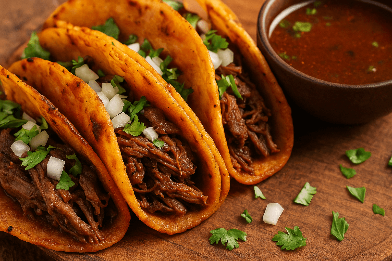 Close-up of birria tacos with crispy golden tortillas and juicy beef spilling out, garnished with fresh cilantro and lime, showcasing texture and moisture—captured by Sam from ReadyPrepMeals.