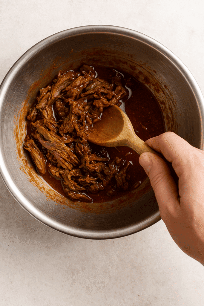 Top shot of cooked beef in its marinade sauce.