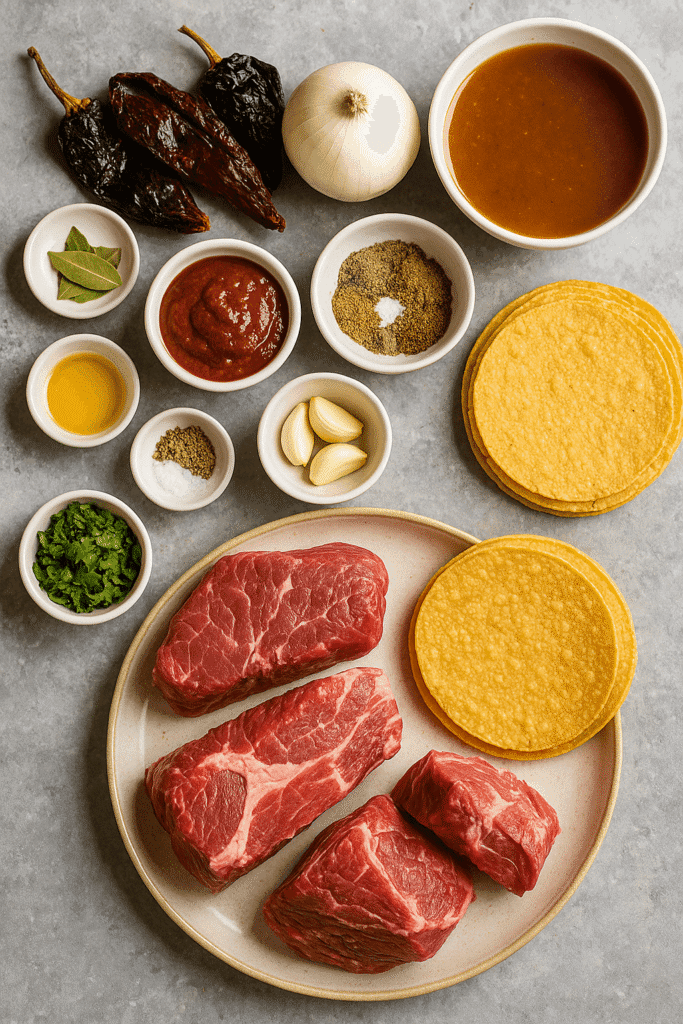 Overhead shot of raw ingredients for birria tacos including beef chuck, dried chiles, garlic, spices, onions, vinegar, and beef broth on a wooden surface.